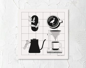 May include: Black and white illustration of a coffee brewing setup with a pour-over coffee maker, a kettle, and a cup of coffee. The illustration also includes a bird design and a branch with leaves.