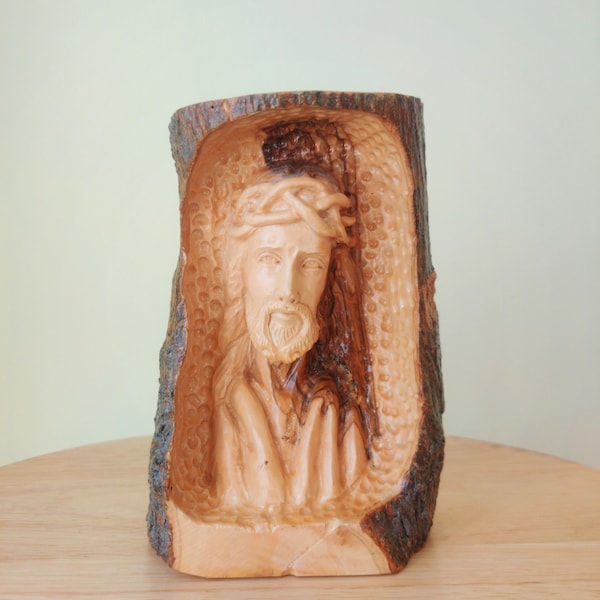 Wood Carved Sculpture Face of Jesus with Crown of Thorns