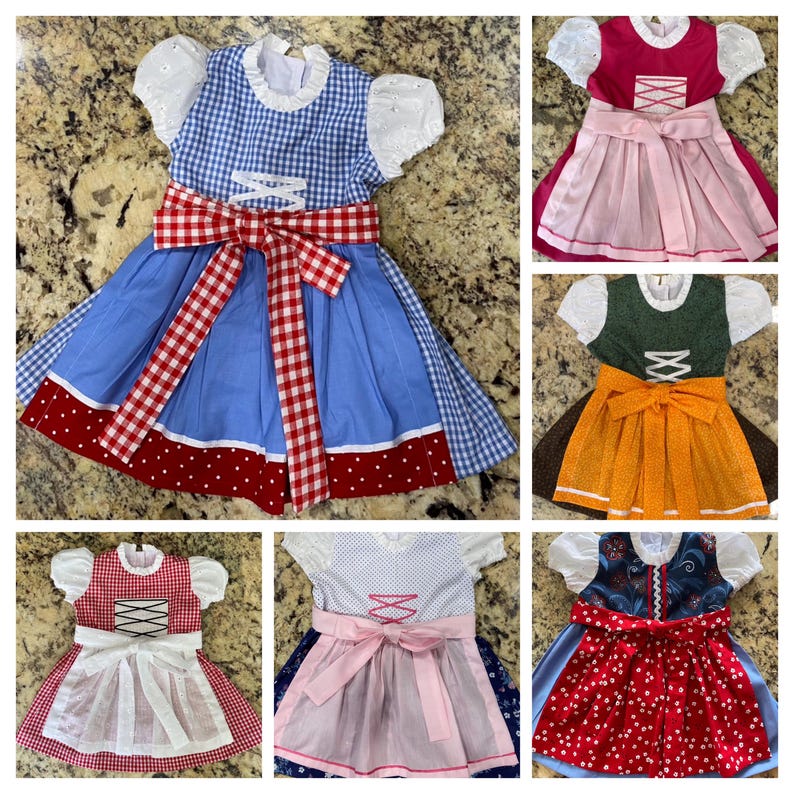 Pode incluir: Uma cole&ccedil;&atilde;o de seis vestidos dirndl coloridos. Os vestidos apresentam v&aacute;rios designs, incluindo xadrez, bolinhas e estampas florais. Cada vestido tem um corpete, uma saia e um avental, com detalhes como la&ccedil;os e atacadores. A paleta de cores inclui vermelho, azul, rosa, verde e laranja.