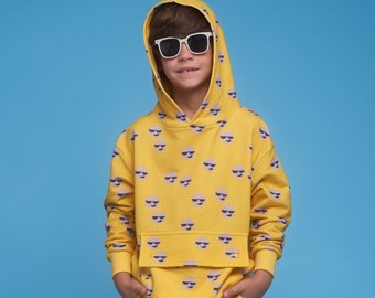 Organic Pima Cotton Kids Hoodie, Comfy gender-neutral kids' hoodie, Purple Sun Design, GOTS certified.