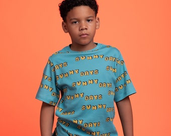 Organic Pima Cotton Kids Tee, Comfy oversized gender-neutral kids' shirt, Sunny Days Design, GOTS certified.