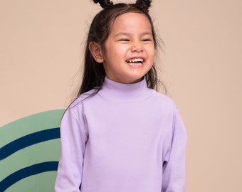 Organic Cotton Kids Long Sleeve Shirt, Kids Lavender Long Sleeve Turtle Neck, Unisex Relaxed Fit Mockneck Softest Long-Sleeve Solid Mock Top