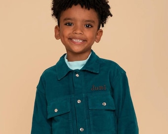 Chaqueta infantil de pana azul verdoso oscuro: abrigo unisex infantil con parche termoadhesivo