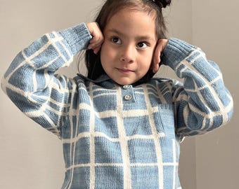 Handmade Merino Alpaca Kids Sweater: Blue Embroidered Knit Pullover