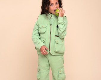 【BAON】[unisex] Loved Summer Check Hooded Vest Kids Utility Vest – Green Explorer Vest for Boys & Girls