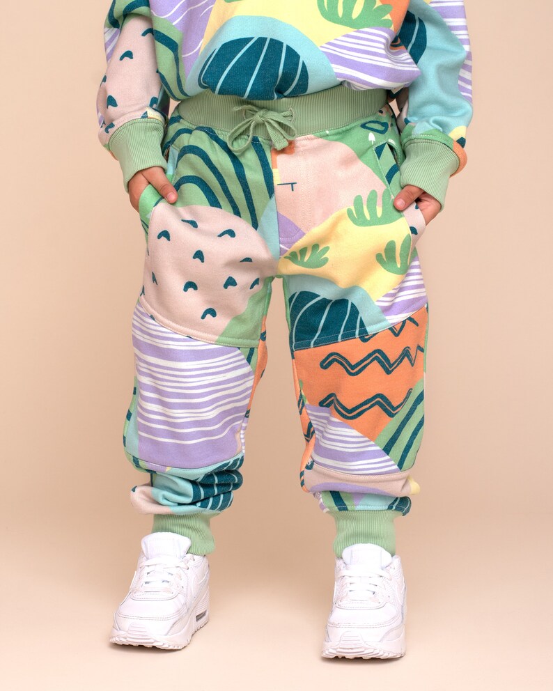 Organic Pima Cotton Kids Joggers Sasquatch-inspired Bigfoot-inspired unisex jogger for children Sasland Print, kids trousers GOTS certified. image 3