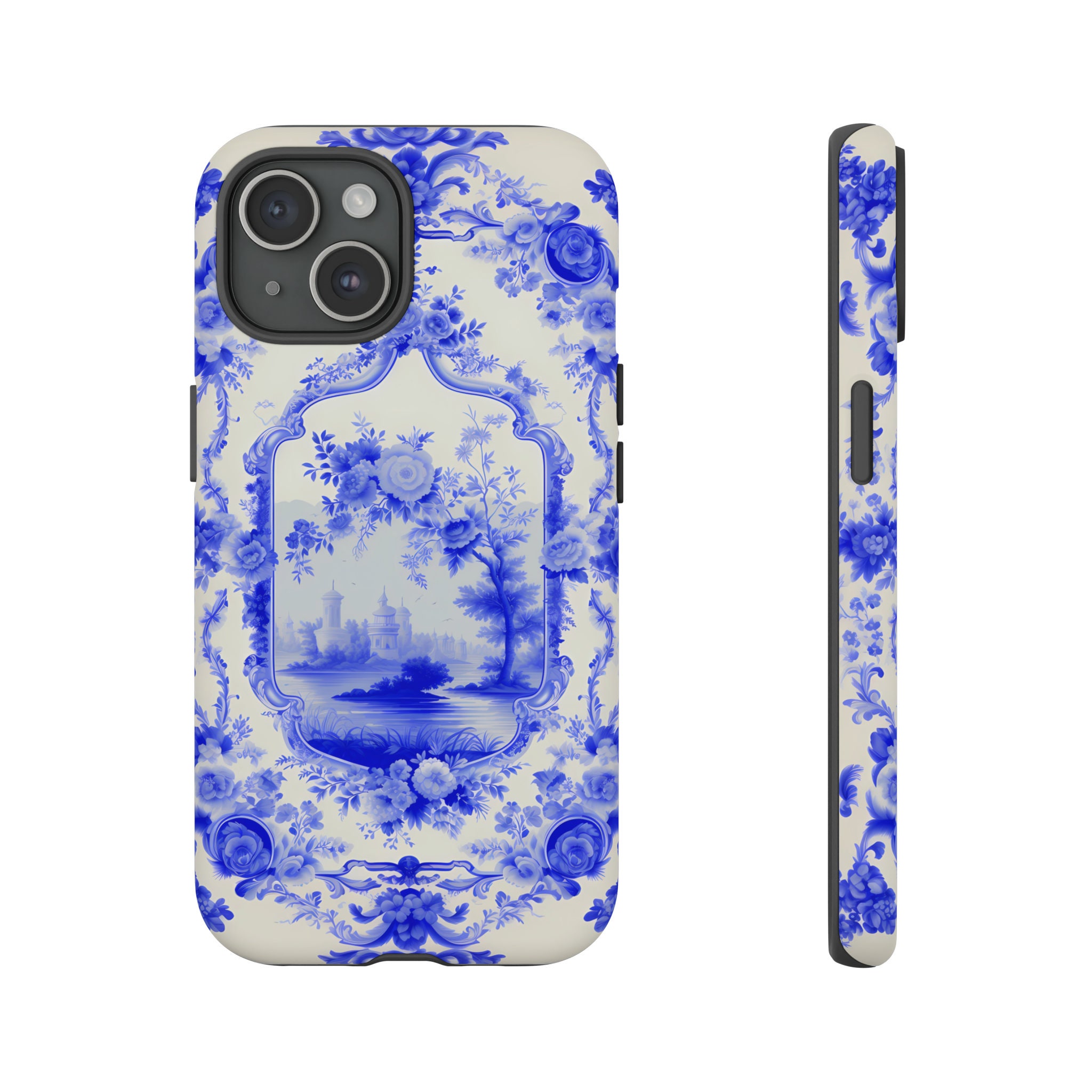 Phone Case - Soft Blue Toile with Chinoiserie Monogram –