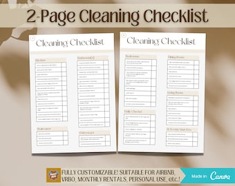 Könnte beinhalten: Eine zweiseitige, druckbare Reinigungscheckliste in Braun-Weiß. Die Checkliste enthält Abschnitte für Küche, Badezimmer, Schlafzimmer, Esszimmer, Wohnzimmer, Eingänge und Treppen. Sie enthält auch Abschnitte für tägliche und zweiwöchentliche Aufgaben. Die Checkliste ist vollständig anpassbar und eignet sich für Airbnb, VRBO, Monatsmieten und den persönlichen Gebrauch.