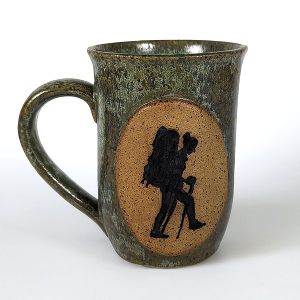 Lady Hiker/Backpacker Stoneware Mug, Variegated Green Glaze, Speckled Buff Stoneware, 12oz