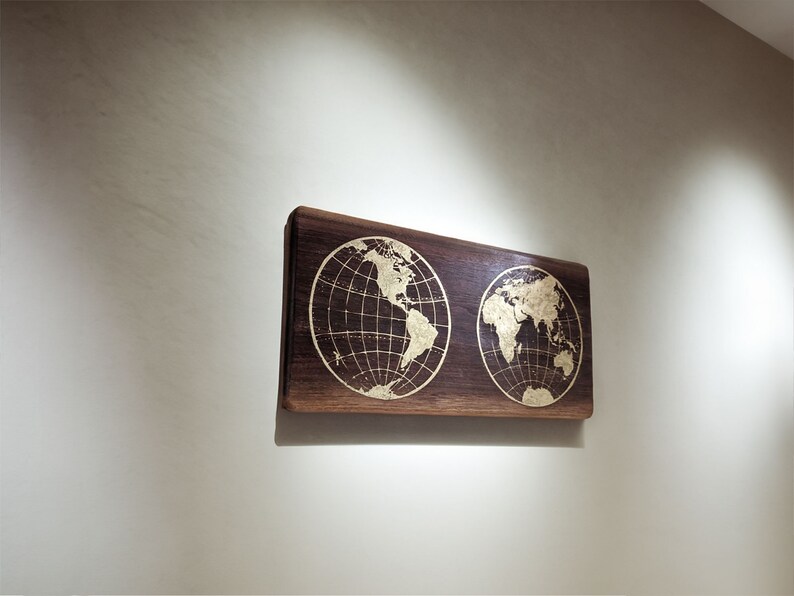 World Map Wall Art Hemispheres in Black Walnut and Brass Etsy