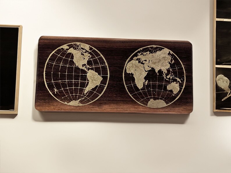 World Map Wall Art Hemispheres in Black Walnut and Brass Etsy