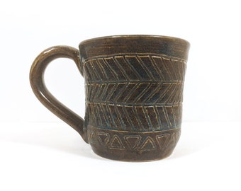 Hand carved Mug, line art, 12oz