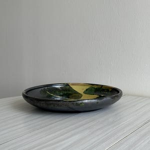 large colored terracotta ceramic dish, fruit basket or kitchen decoration, unique handmade pottery, antique object full of character