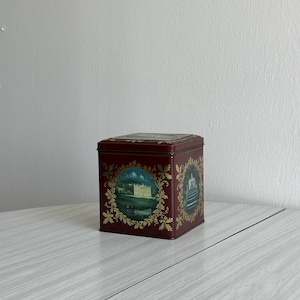Vintage decorative metal box, Victorian style, historical illustrations and gold patterns, storage box, cafe or kitchen decor