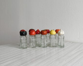 Small glass spice jars, fruit or vegetable shaped caps, vintage kitchen decoration, sold individually or in assorted sets