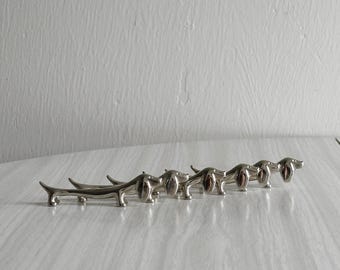 6 white stainless steel dachshund dog knife rests, metal tableware, stainless steel knife rest, vintage gift, French made, white steel