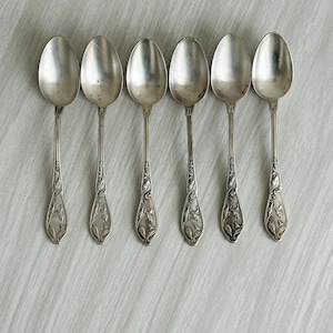 Può includere: Sei cucchiai d'argento con decorazioni floreali ornate sui manici sono disposti in fila. I cucchiai hanno coppette ovali e manici lunghi e sottili. I cucchiai sono probabilmente vintage o antichi.