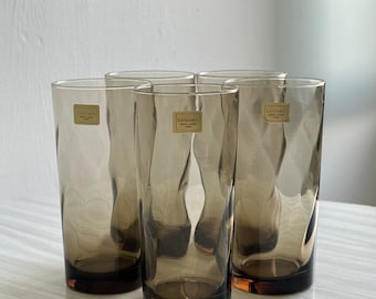5 smoked water glasses France, orangeade glasses with a wavy and minimalist design, modern table setting, reception and dinner glasses, smoked gift idea.