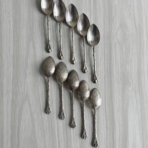 Set of 10 Vintage Silver Tone Metal Small Spoons, Rose Thorn Pattern, Coffee Bean Detail, Leaf Style Ribbed Spoons, Gift