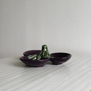 Vintage ceramic compartment dish, purple and green glazed, original vegetable shape, retro appetizer, decorative serving dish