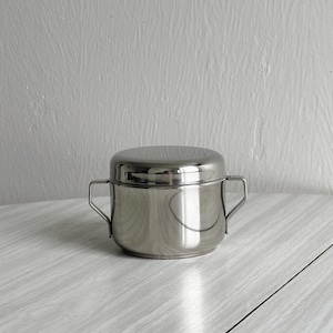 Small stainless steel sugar bowl in Letang Remy style, shiny silver metal, minimalist design, modern table decoration, kitchen accessory
