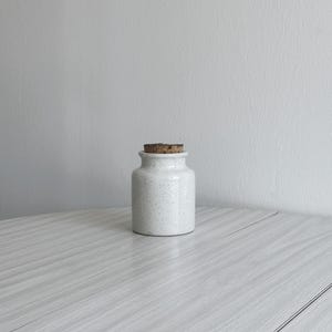 Spotted stoneware jar with cork stopper, sugar or spice jar, vintage kitchen decor, condiment jar, stoneware storage