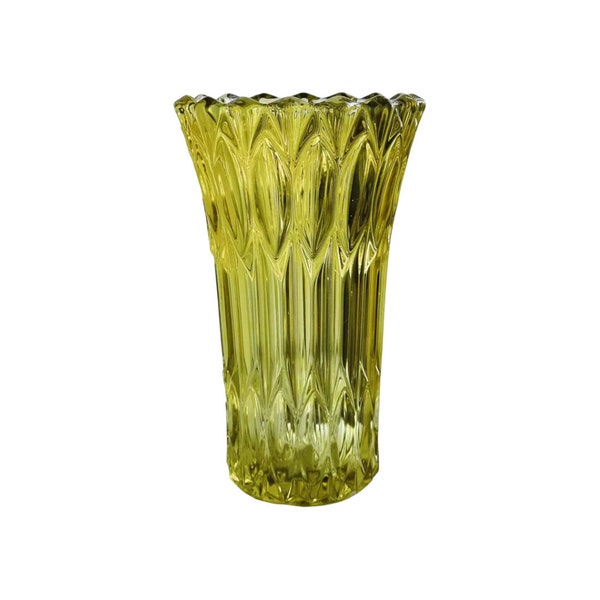 Grand vase épais jaune translucide en cristal, verre travaillé style Art déco.