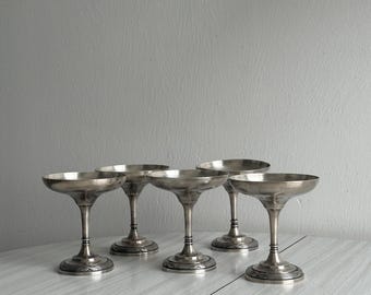 Set of 5 Letang Remy style metal dessert or champagne glasses, patinated silver metal, retro chic bar accessories, metal cups.