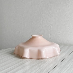 Vintage pale pink opaline lampshade, retro wavy glass pendant light, romantic style, elegant interior, cute antique decoration