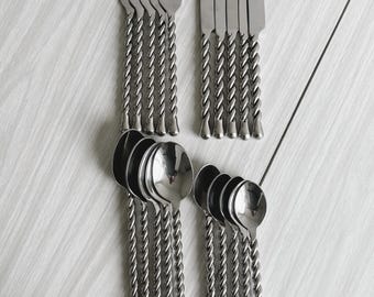 Set of 20 Vintage Twisted Metal Cutlery, Unique Retro Design, Assorted Knives, Forks and Spoons, Chic Antique Tableware