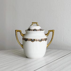 Azucarero antiguo de porcelana Vignaud de Limoges, fino dorado, estilo clásico, elegante decoración de mesa, refinado regalo de porcelana.