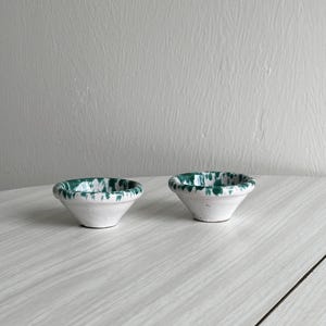 Hand-painted ceramic salt and pepper shakers, colorful table decoration, green and white, unique vintage item, small decorative item