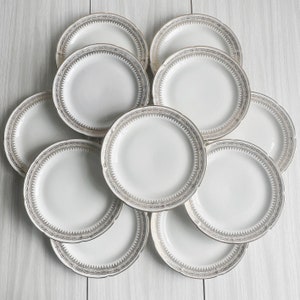 Set of 12 vintage porcelain dessert plates, decorated with refined border patterns, French tableware, Limoges porcelain