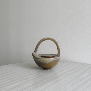 May include: A brown and beige ceramic teapot with a rounded body and a curved handle. The teapot has a speckled glaze and a small spout.