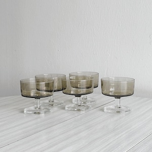 Set of 5 smoked glass coupes, vintage dessert or champagne glasses, retro tableware, transparent base, elegant 70s tableware