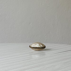 Pode incluir: Uma pequena caixa de bugigangas de formato oval feita de madrepérola iridescente com um acabamento liso e brilhante. As duas metades são unidas por uma dobradiça metálica fina e uma borda de metal simples que circunda o centro do recipiente.