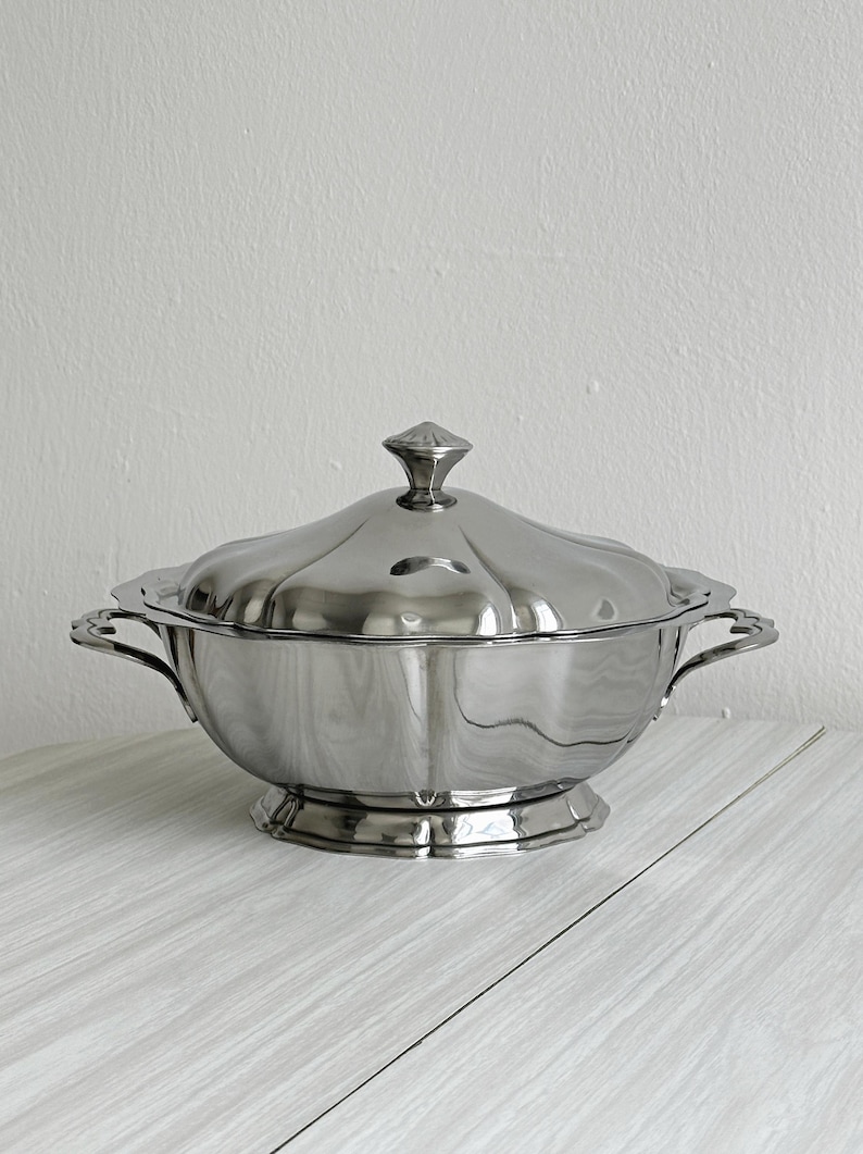 Stainless steel serving dish with lid, classic design, elegant tableware, timeless vintage tableware, cocktail set image 1