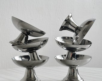 6 stainless steel footed bowls, French made, metal tableware, stainless steel bowl, dessert set, vintage gift, Letang Remy style