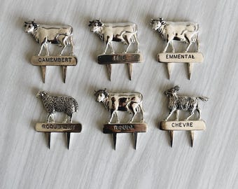 6 vintage cheese picks, silver cheese markers, cheese labels, small gift, cheese shop decoration, cute items, cheese tasting
