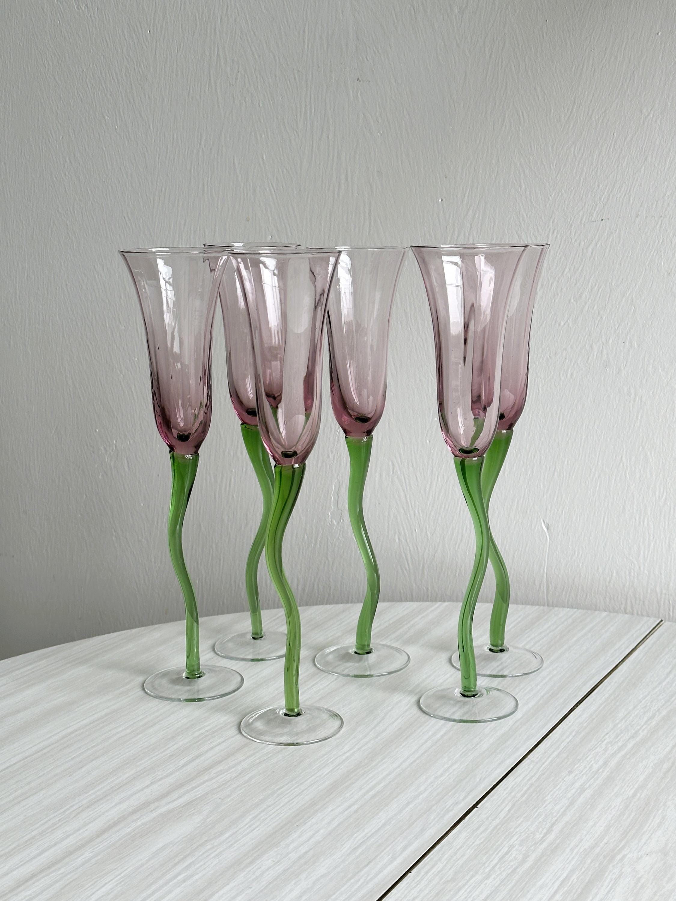 Set of 6 Blown Glass Champagne Glasses, Green Twisted Feet, Translucent Pink Tulip, Unique and Elegant Table Decoration, Gift