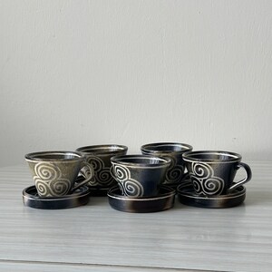 5 handcrafted stoneware espresso cups with swirl patterns, retro style, handmade pottery, kitchen decor, blue stoneware cup gift