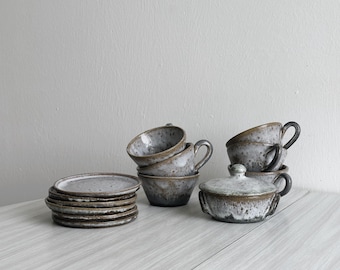 Handcrafted stoneware coffee set, 6 cups, saucers and sugar bowl, natural colors, ideal for country decor, unique gift, French craftsmanship