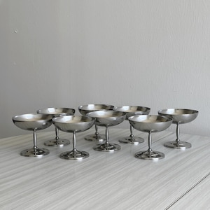 8 vintage stainless steel dessert bowls on a stand, antique dessert bowls, unique stainless steel pieces, elegant buffet, art of entertaining