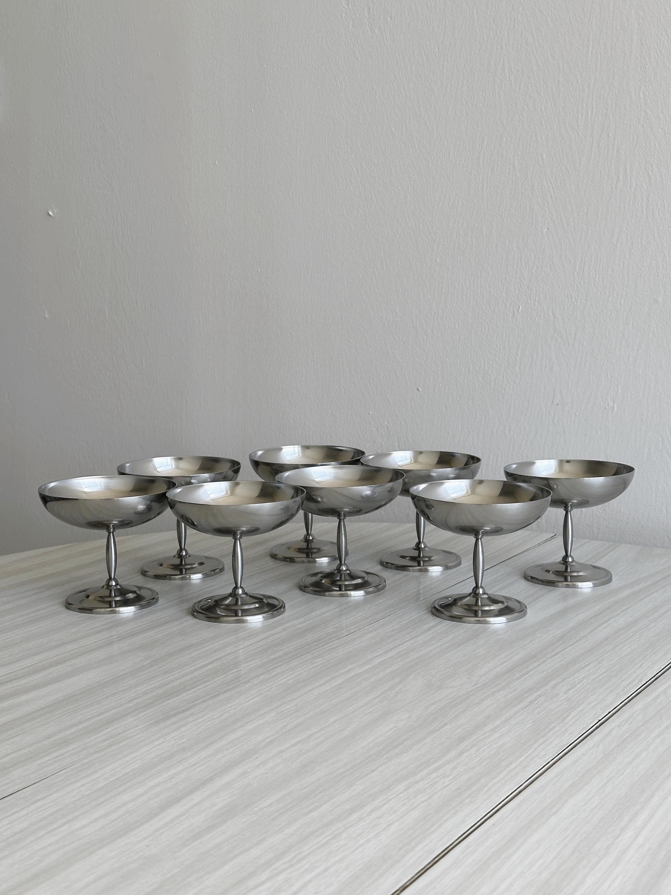 8 vintage stainless steel dessert bowls on a stand, antique dessert bowls, unique stainless steel pieces, elegant buffet, art of entertaining