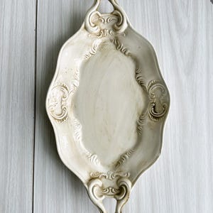 Antique white ceramic dish with handles, antique tray, baroque style, elegant table decor, vintage tableware, tableware