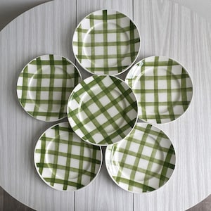 Set of 6 Moulin des Loups plates, antique French earthenware, green tartan pattern, colorful vintage table decoration, antique table