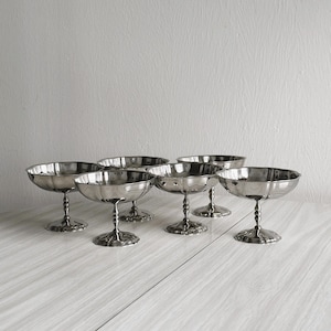 6 / 8 very large stainless steel footed bowls, Letang Remy style, French manufacture, metal tableware, stainless steel bowls, dessert service