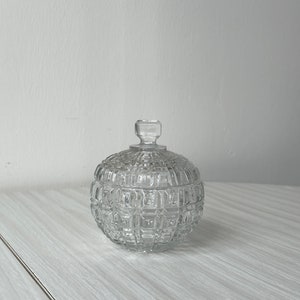 Pressed glass candy dish, thick glass sugar bowl, translucent condiment jar, antique molded glass, country house, kitchen decor gift
