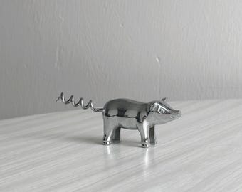 Chrome-plated metal pig-shaped corkscrew, stainless steel corkscrew, kitchen decoration, unusual gift, pig collection, French wine