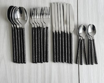 Forged metal cutlery set, rustic chic, for 5/6 people, sturdy handcrafted style knives, forks, and spoons